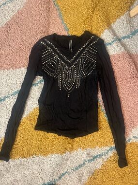Anthropologie Black Long Sleeve Beaded Top